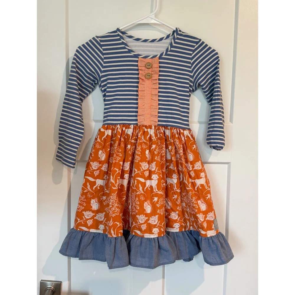 Eleanor Rose Girls Rhonda Woodland Fox Striped Ruffle Dress Orange Blue Size 7-8
